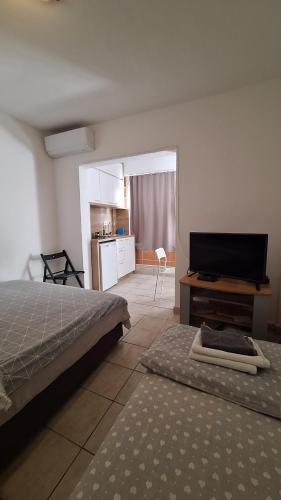 Un dormitorio con una cama y un televisor de pantalla plana. en Simpi, en Pržno