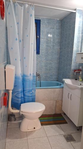 Un baño con inodoro y cortina de ducha en Simpi, en Pržno