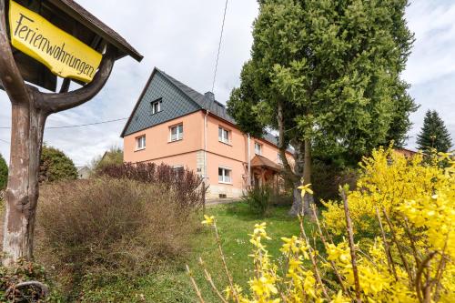 a large pink house in the middle of a yard at Ferienwohnung Ahrens in Ehrenberg