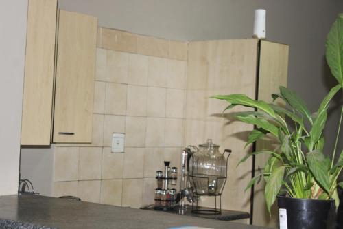 a kitchen with a counter top with a tile wall at Chic Guest House Alberton in Alberton