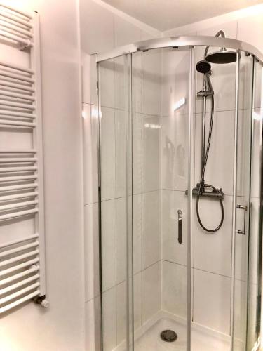 a shower with a glass door in a bathroom at Kino na łące apartament z jacuzzi i prywatną salą kinową in Wojcieszyce