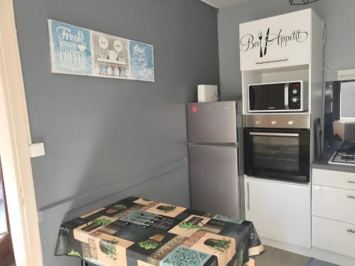a small kitchen with a refrigerator and a microwave at La Maison Defanny - 1 in Muides-sur-Loire
