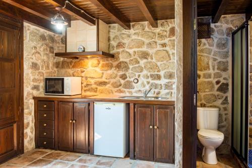 a kitchen with a white refrigerator and a microwave at El Rincón Del Duende in Pedro Bernardo