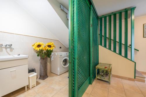 een badkamer met een groene deur en een wasmachine bij Villa Olga in Carloforte
