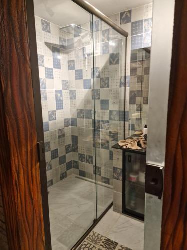 a shower with a glass door in a bathroom at Castello Malu in Parajuru