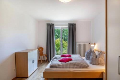 a bedroom with a bed with red pillows and a mirror at Haus Latschenhang Fewo 5 Karwendel in Mittenwald