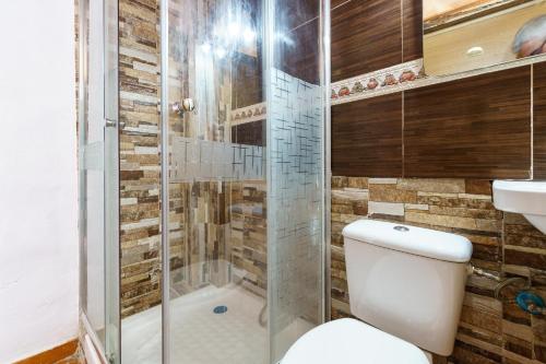 ein Badezimmer mit Dusche, Toilette und Waschbecken in der Unterkunft Cortijo rural los Erales in Alhaurín el Grande