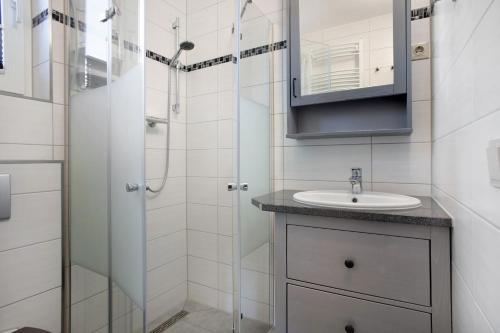 a bathroom with a sink and a shower at Fewo 33 - Halbinsel Darss - Ostsee in Wieck