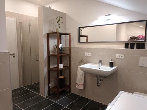 a bathroom with a sink and a mirror at Superior Apartment Waldblick in Westerheim