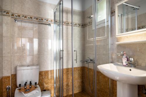 ein Badezimmer mit Dusche, Toilette und Waschbecken in der Unterkunft Afroksilia Villa Triantafilo in Katouna