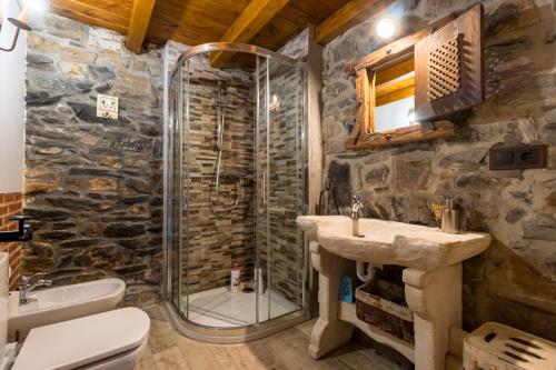 a bathroom with a shower and a sink at El Paraiso del Yayo in Ramales de la Victoria