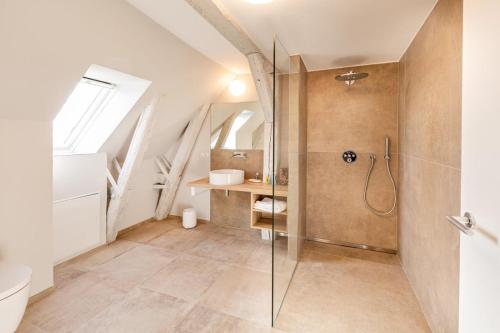 une salle de bain avec une douche, des toilettes et un lavabo dans l'établissement Ferienhaus Forsthaus Stolpe, à Stolpe