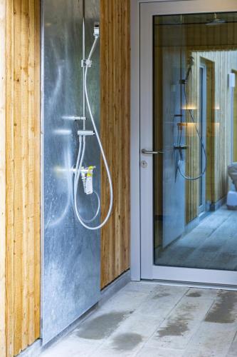 a shower in a bathroom with a glass door at Ferienhaus TierbachLodge in Herrentierbach