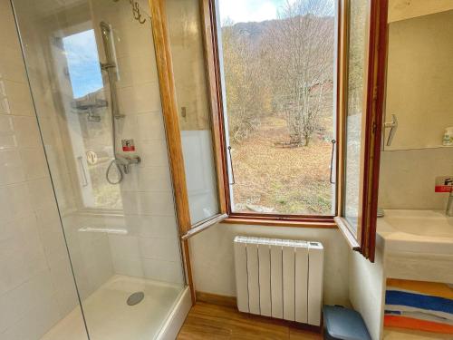 a bathroom with a shower and a window at Reflet Bleu du Lac d'Annecy 3 étoiles - Face au lac, Parking gratuit, Paddle board in Doussard
