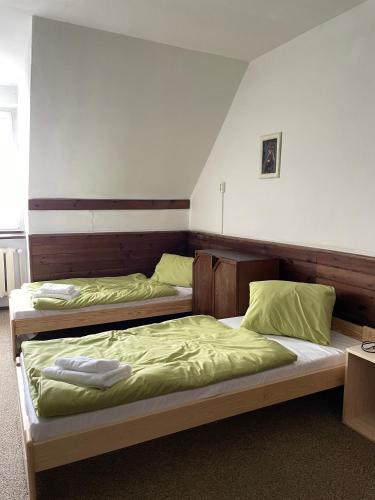 two beds in a room with green sheets at Výrovka in Pec pod Snezkou