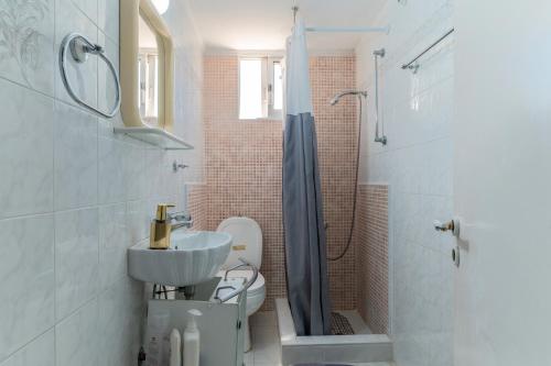 une salle de bain avec un lavabo, des toilettes et une douche dans l'établissement The Pirate's Mansion Nafplio, à Nauplie
