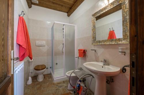 a bathroom with a sink and a shower and a toilet at Casale I Cascetti in Piancastagnaio