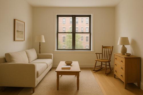 a living room with a couch and a table and a window at Orange Rooms in Tirana