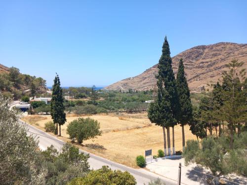 a road with trees and mountains in the background at Evangelos Politis Rooms Kea in Pisses