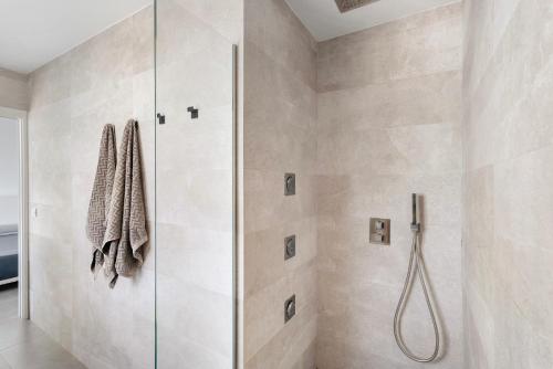 eine Dusche mit Glastür im Badezimmer in der Unterkunft Villa tulio homme 2 in Tijoco de Abajo