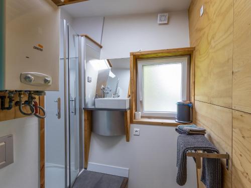 a small bathroom with a sink and a window at La Cafoutche Tiny in Gommenecʼh