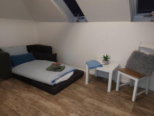 BreklumにあるHaus An Der Marschのベッドとテーブルのあるリビングルーム