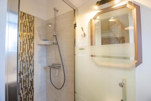 a bathroom with a shower with a glass door at La Boutique 2 à 4 personnes in Lacave