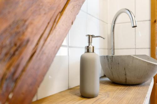 a bottle of soap on a counter next to a sink at Werkgut - Charmantes Loft in Meezen