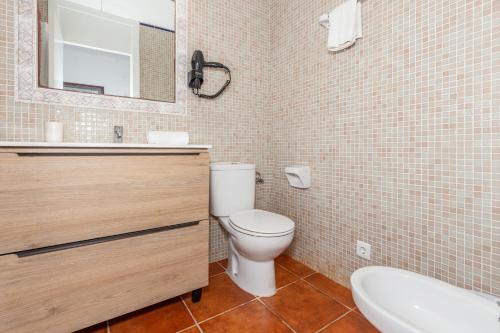Un baño con inodoro, lavabo y espejo. en Apartamento Cala´n Bosch 1a Planta, en Cala'n Bosch