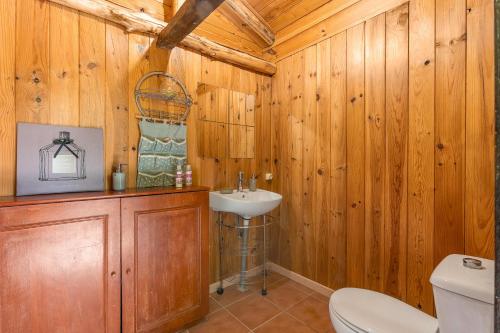 ein Badezimmer mit Holzwänden, einem WC und einem Waschbecken in der Unterkunft Cortijo Luz De La Sierra en Dúdar in Dúdar