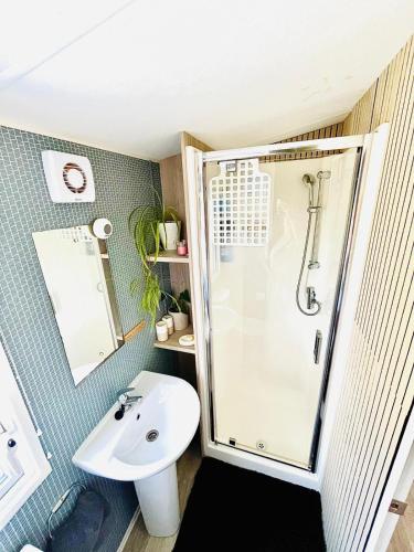 a bathroom with a shower and a sink at Holiday Home with Hot Tub Cornish Country SeaSide in Newquay Bay Resort
