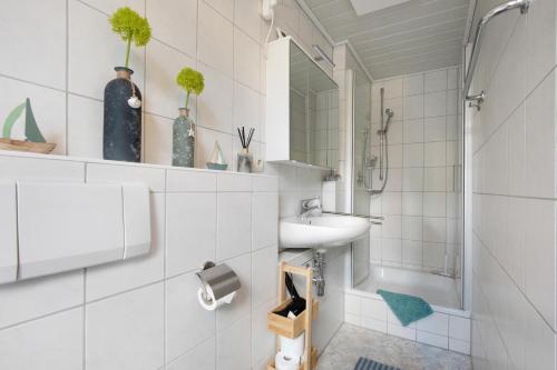 une salle de bain blanche avec un lavabo et une douche dans l'établissement Ferienhaus Frieda, à Röfingen