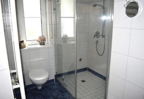 a bathroom with a shower with a toilet and a sink at Nele 02 in Zingst