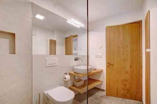 a bathroom with a toilet and a sink at Waalhof Ferienwohnung Golden in Ciardes