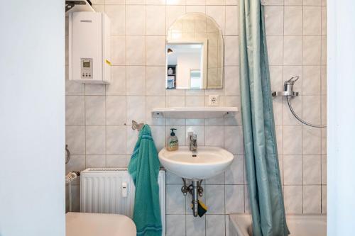 un bagno con lavandino, WC e specchio di Harmonie Tiny House a Oyten