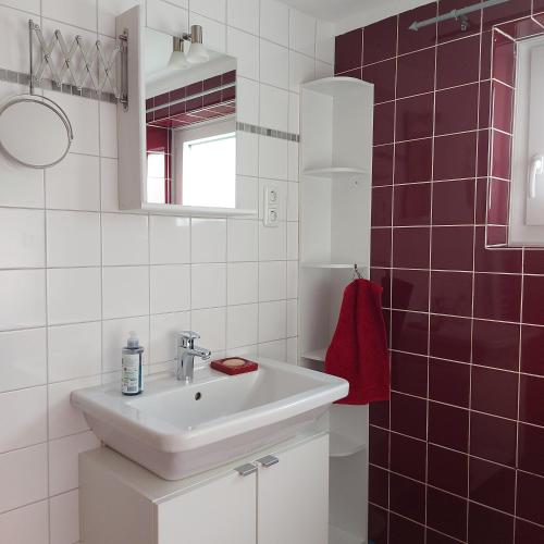 a bathroom with a sink and a red towel at Ferienhaus Hadler in Kaiser Wilhelm Koog