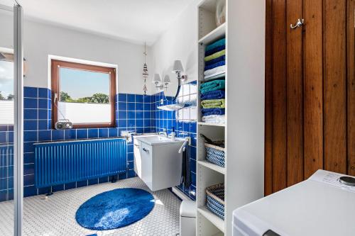 Un baño con azulejos azules, inodoro y lavabo. en Ferienwohnung Gute Tied, en Wesseln