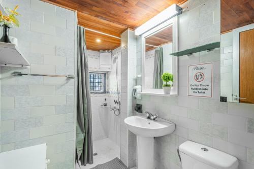 Un baño con lavabo, inodoro y ducha. en Land Of Dreams, en Vilaflor