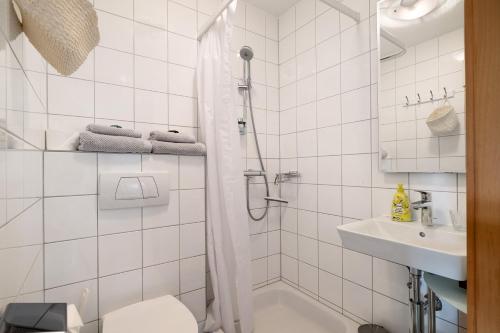 a bathroom with a shower and a toilet and a sink at Wiff's Studio in Mellau