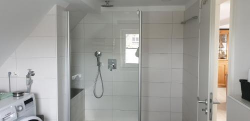a shower with a glass door in a bathroom at Ferienwohnung Feuerbach in Telgte