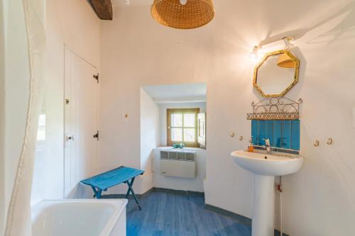 アルマーニュ・アン・プロバンスにあるConciergerie Chateau D'Allemagneの洗面台、鏡、浴槽のあるバスルーム