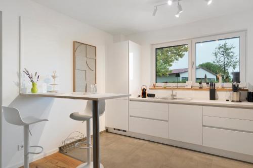 eine weiße Küche mit einer Theke und einem Waschbecken in der Unterkunft Apartment Casa Hase in Birkweiler