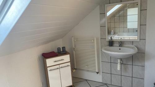 a bathroom with a sink and a mirror at Wohnung an der Galopprennbahn in Iffezheim