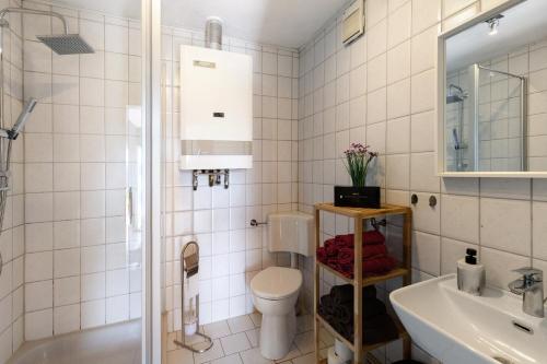 un baño con inodoro y lavabo en Ferienhaus Harmonie, en Südbrookmerland