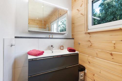 a bathroom with a sink and a mirror at Mettmapark - 2 Chalets in Grafenhausen