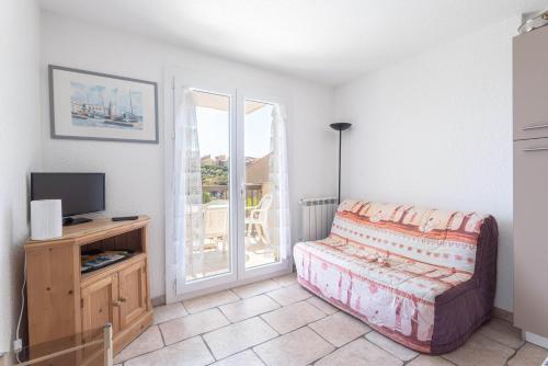 コリウールにあるAppartement terrasse vue merのソファとテレビのあるリビングルーム