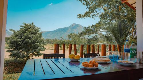una mesa azul con fruta encima con vistas en Diamond Mount Villa, en Dambulla