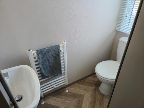 a bathroom with a toilet and a sink and a towel at Baywood View Lodge in East Heslerton