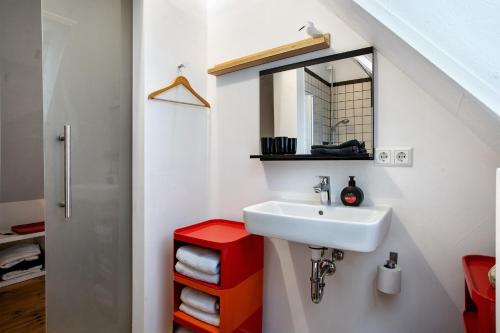 een badkamer met een wastafel en een spiegel bij McIntosh in Groß Wokern