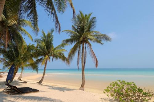a beach with palm trees and a surfboard on it at Tamu Koh Rong in Koh Rong Island